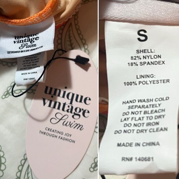 Unique Vintage Boho Floral Skirted Swimsuit Plunging Neckline Pink Orange S NWT - Picture 12 of 13